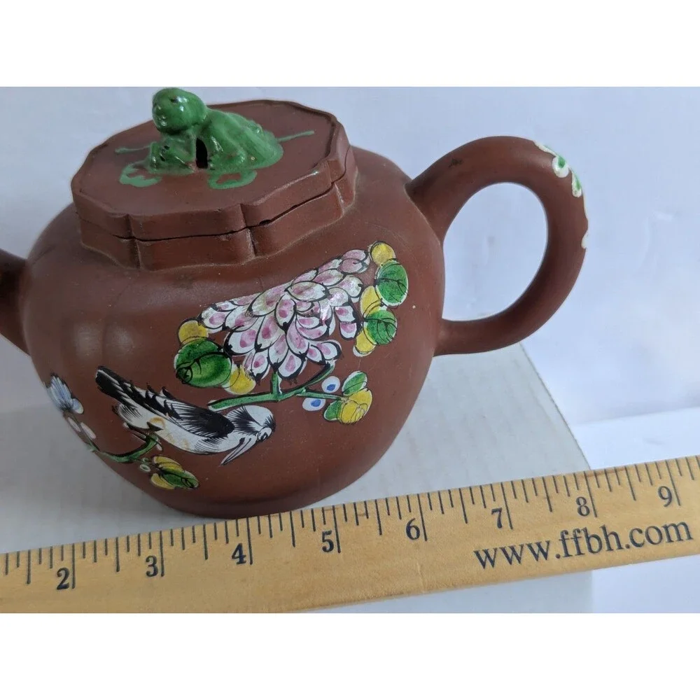 Vtg Yixing Zisha Clay Teapot W/ Enamel Floral & Bird Design 5